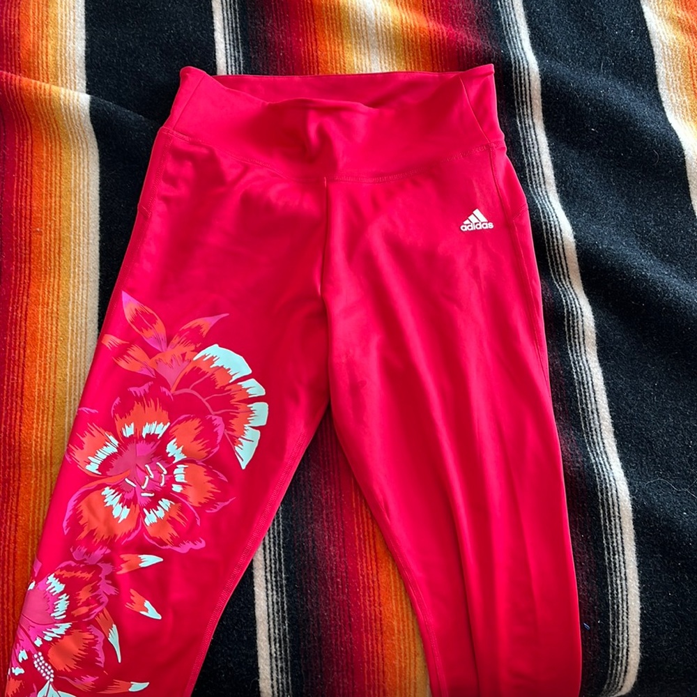 Farm Rio + Adidas Collab Pink Red Floral Leggings, size Large